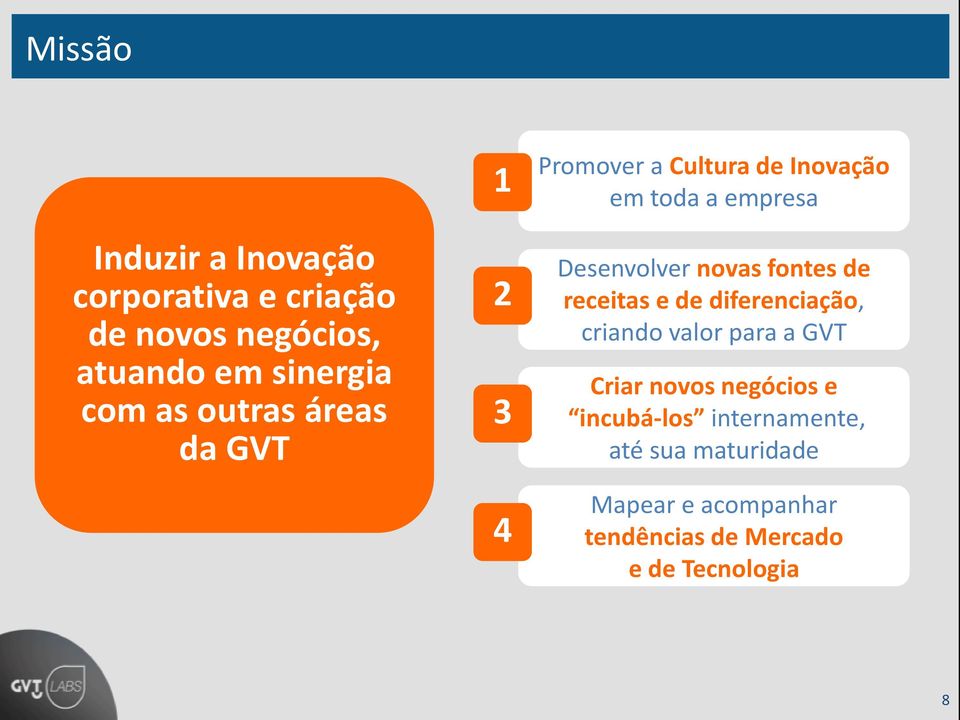 fontes de receitas e de diferenciação, criando valor para a GVT Criar novos negócios e