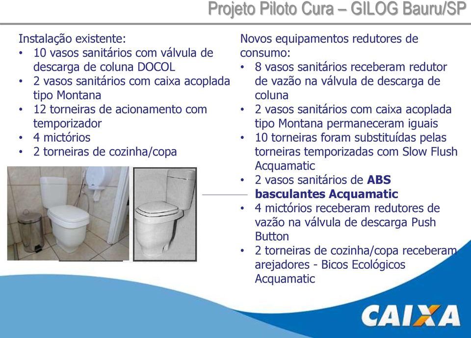 coluna 2 vasos sanitários com caixa acoplada tipo Montana permaneceram iguais 10 torneiras foram substituídas pelas torneiras temporizadas com Slow Flush Acquamatic 2 vasos sanitários