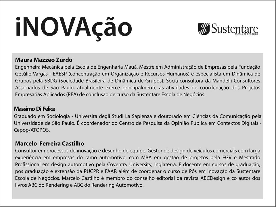 Sócia-consultora da Mandelli Consultores Associados de São Paulo, atualmente exerce principalmente as atividades de coordenação dos Projetos Empresarias Aplicados (PEA) de conclusão de curso da