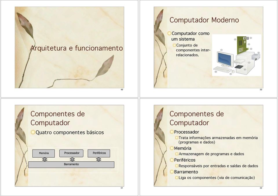 49 50 Componentes de Computador Quatro componentes básicos Componentes de Computador Processador Trata