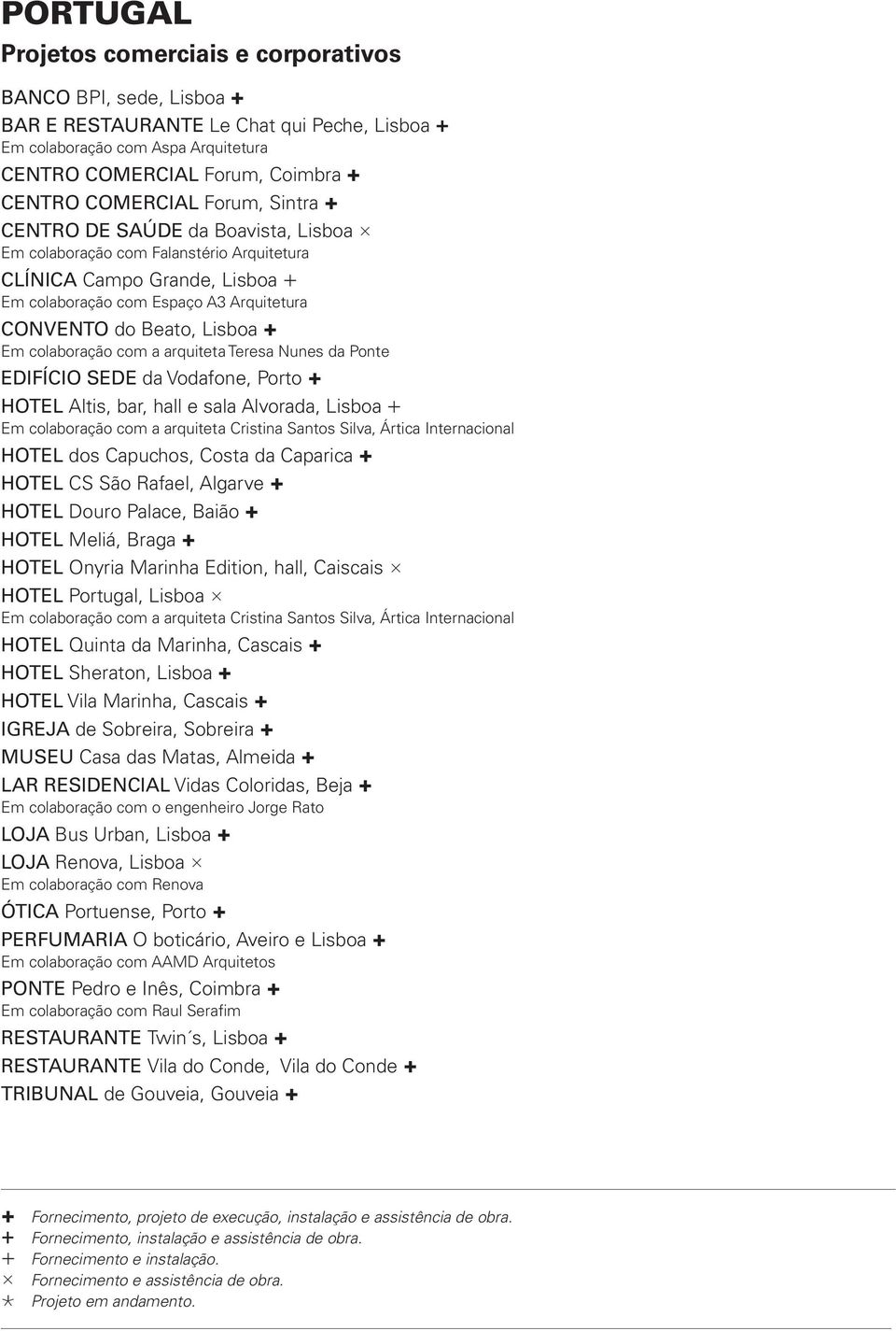 Lisboa Ë Em colaboração com a arquiteta Teresa Nunes da Ponte EDIFÍCIO SEDE da Vodafone, Porto Ë HOTEL Altis, bar, hall e sala Alvorada, Lisboa Ç Em colaboração com a arquiteta Cristina Santos Silva,