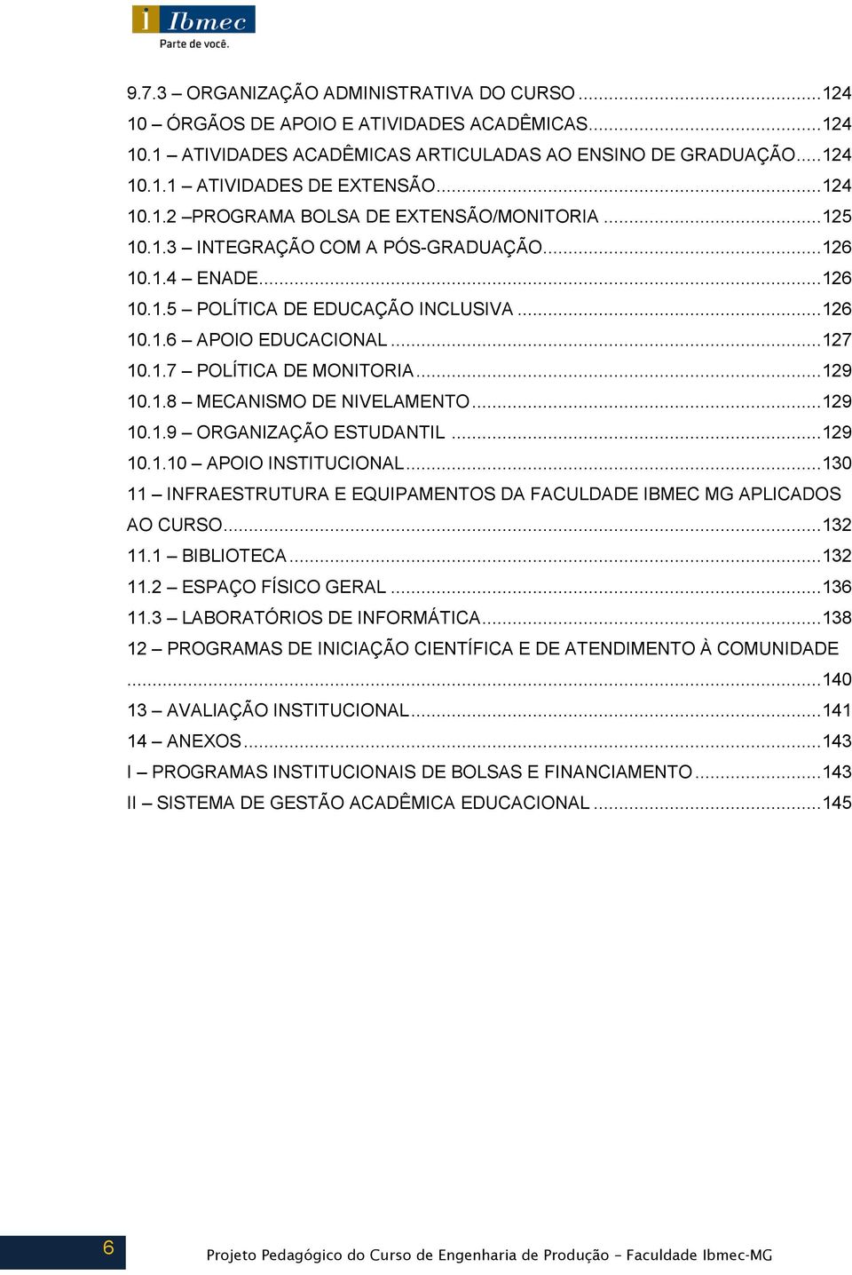 .. 127 10.1.7 POLÍTICA DE MONITORIA... 129 10.1.8 MECANISMO DE NIVELAMENTO... 129 10.1.9 ORGANIZAÇÃO ESTUDANTIL... 129 10.1.10 APOIO INSTITUCIONAL.