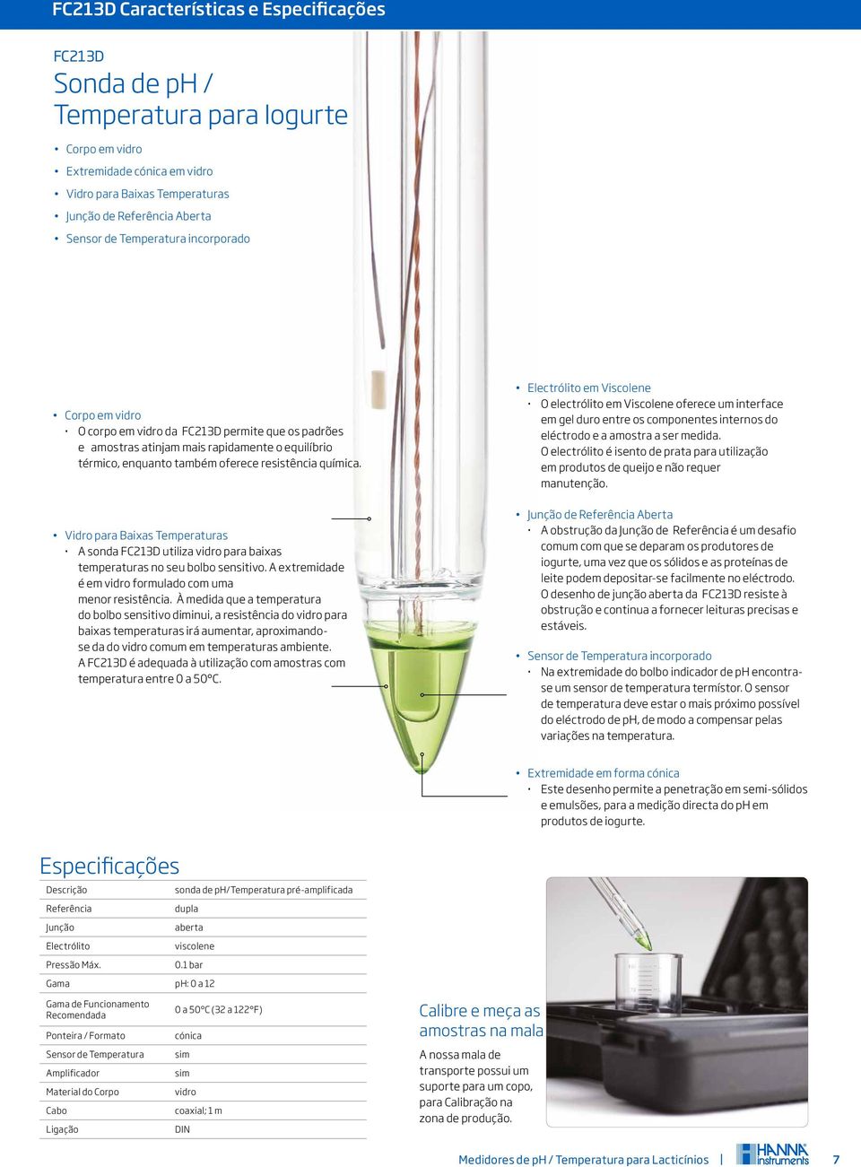 Vidro para Baixas s A sonda FC213D utiliza vidro para baixas temperaturas no seu bolbo sensitivo. A extremidade é em vidro formulado com uma menor resistência.
