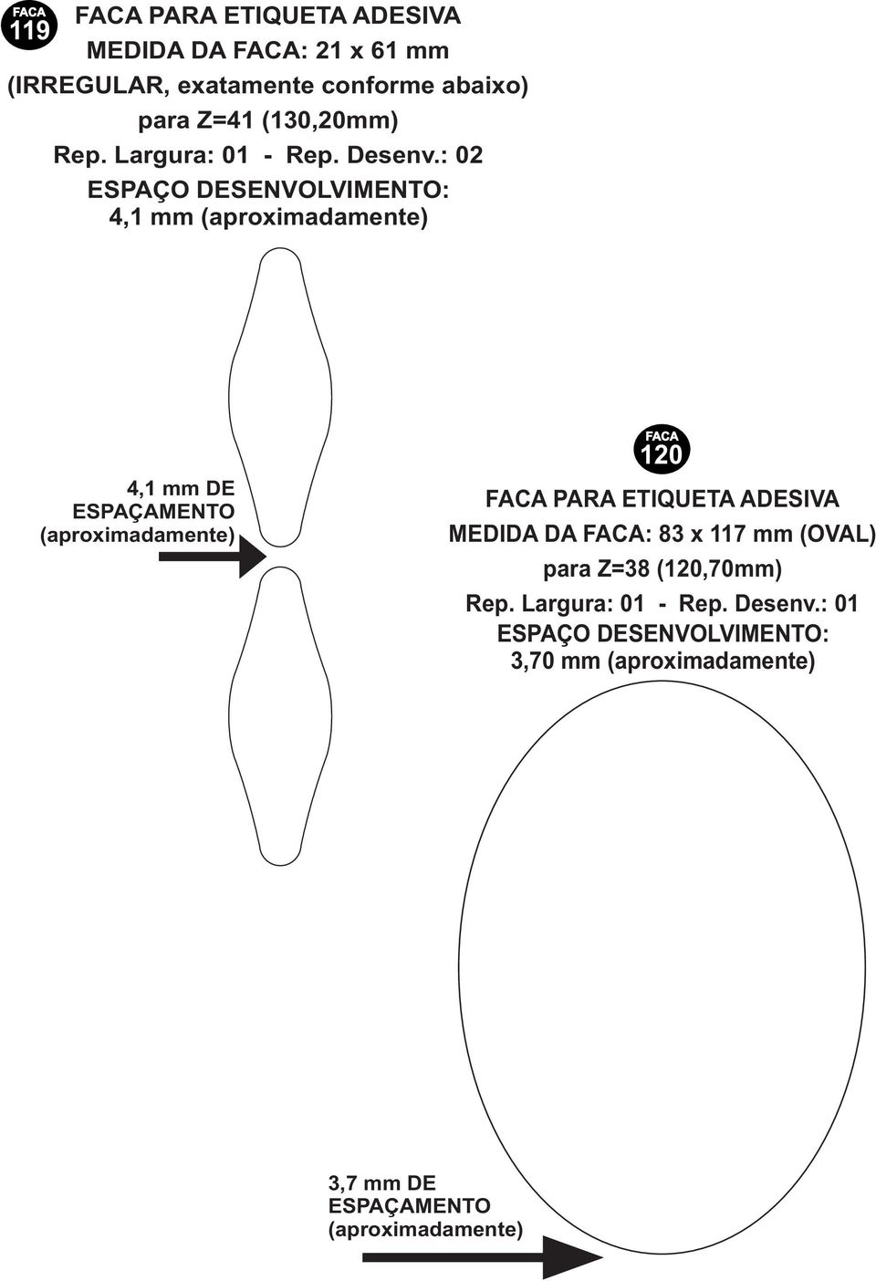 : 02 ESPAÇO DESENVOLVIMENTO: 4,1 mm 4,1 mm DE FACA 120 MEDIDA DA FACA: 83 x