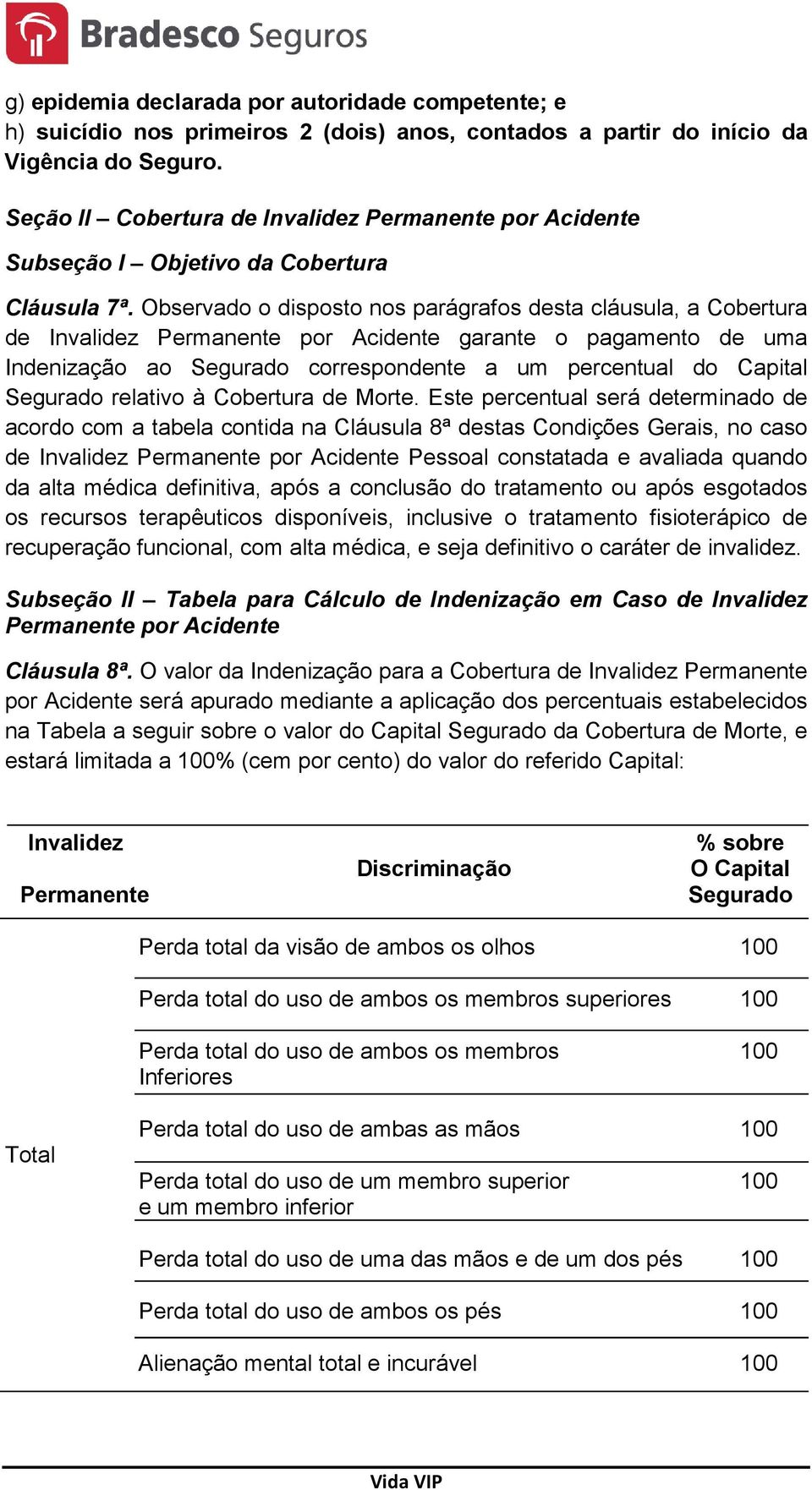 Observado o disposto nos parágrafos desta cláusula, a Cobertura de Invalidez Permanente por Acidente garante o pagamento de uma Indenização ao Segurado correspondente a um percentual do Capital