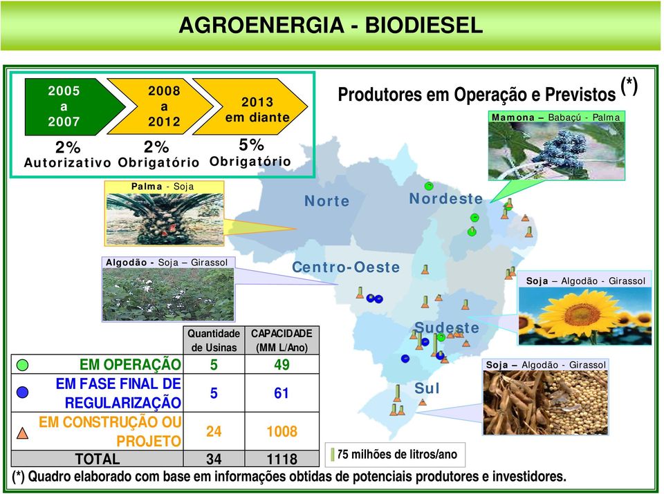 CAPACIDADE (MM L/Ano) Sudeste EM OPERAÇÃO 5 49 EM FASE FINAL DE REGULARIZAÇÃO 5 61 Sul EM CONSTRUÇÃO OU 24 1008 PROJETO TOTAL 34 1118 75 milhões
