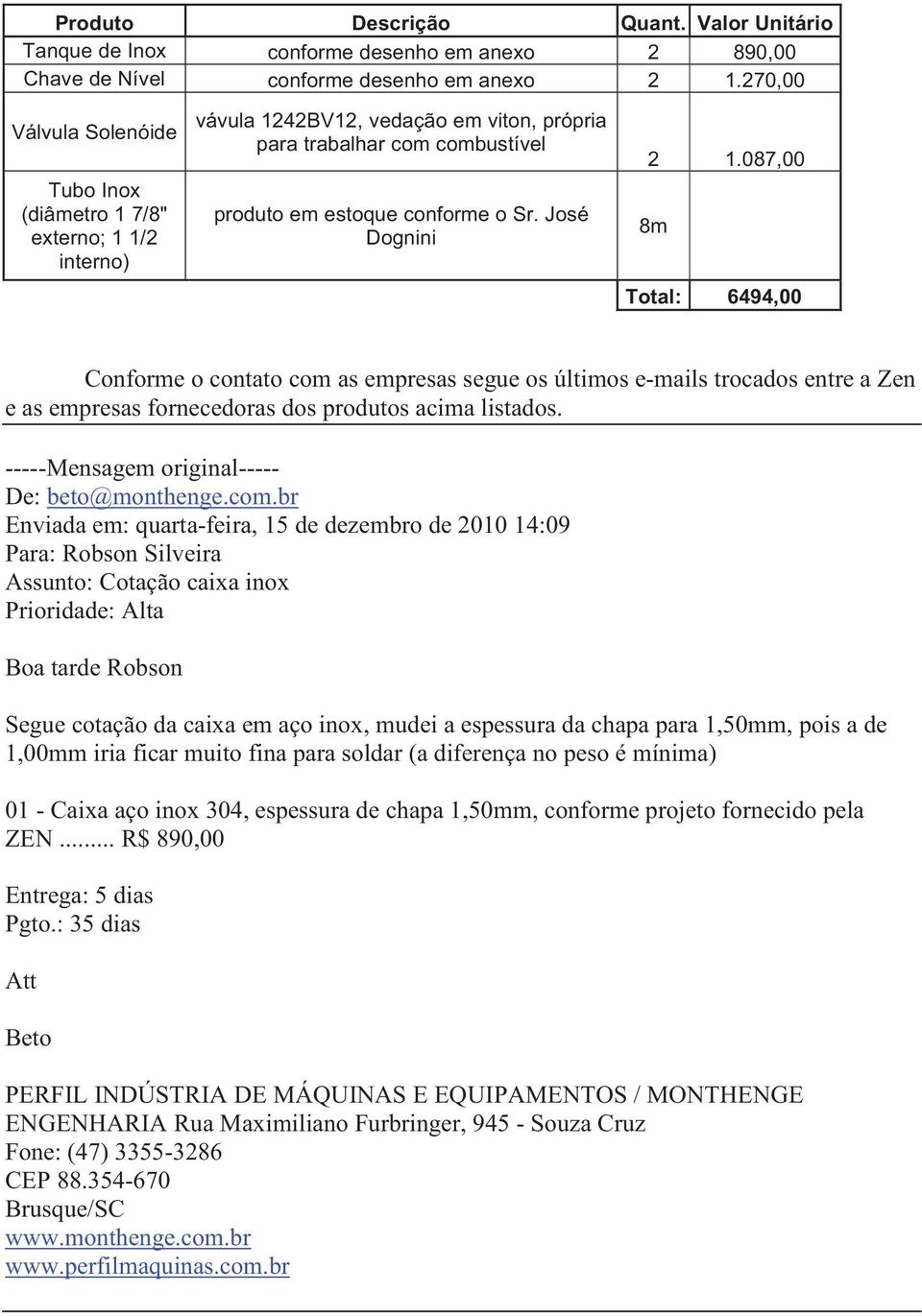 José Dognini 2 1.087,00 8m Total: 6494,00 Conforme o contato com as empresas segue os últimos e-mails trocados entre a Zen e as empresas fornecedoras dos produtos acima listados.