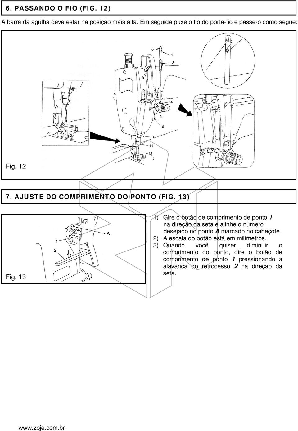 13 1) Gire o botão de comprimento de ponto 1 na direção da seta e alinhe o número desejado no ponto A marcado no cabeçote.