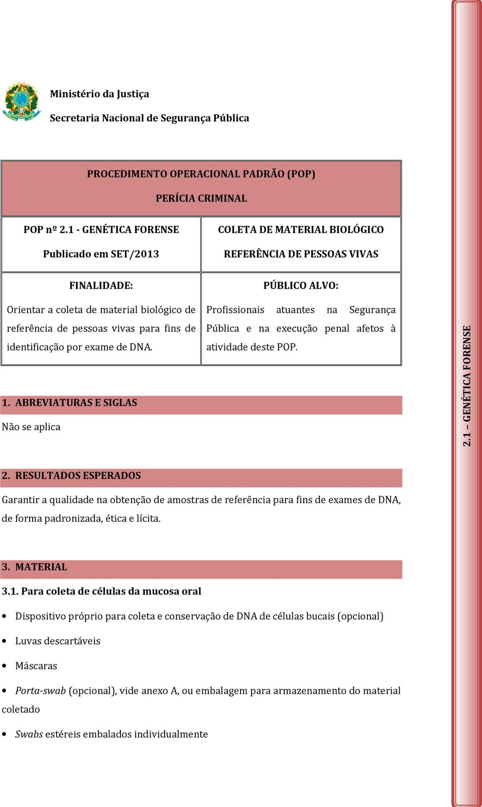 para fins de identificação por exame de DNA. 1. ABREVIATURAS E SIGLAS Não se aplica Profissionais atuantes na Segurança Pública e na execução penal afetos à atividade deste POP. 2.