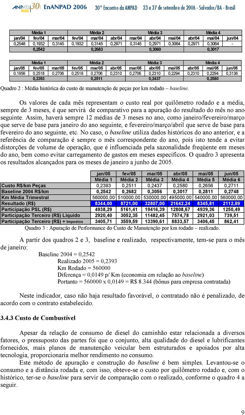 0,2310 0,2294 0,3136 0,2393 0,2511 0,2437 0,2580 Quadro 2 : Média histórica do custo de manutenção de peças por km rodado baseline.