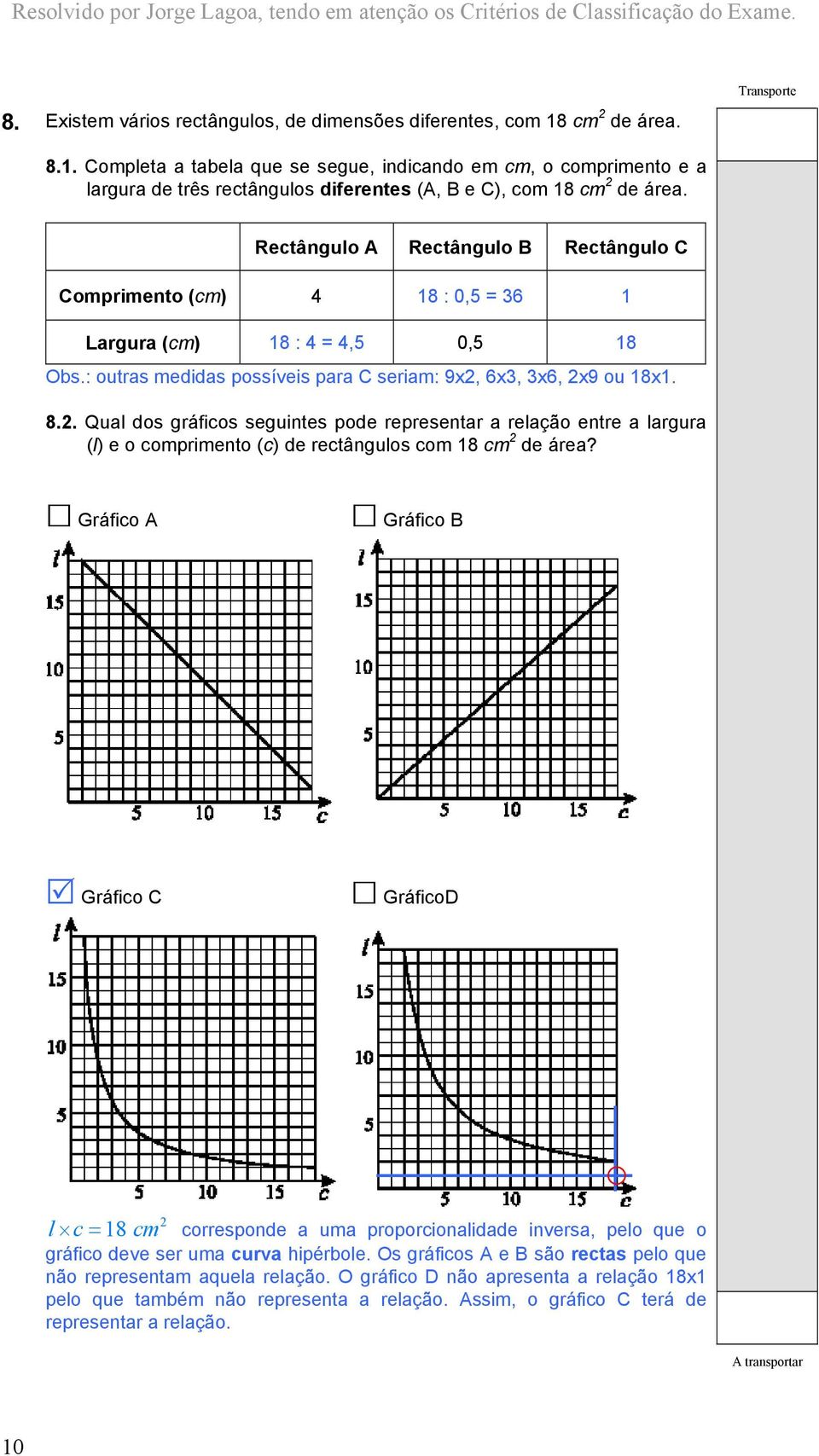 . Qual dos gráfios seguintes pode representar a relação entre a largura (l) e o omprimento () de retângulos om 18 m de área?