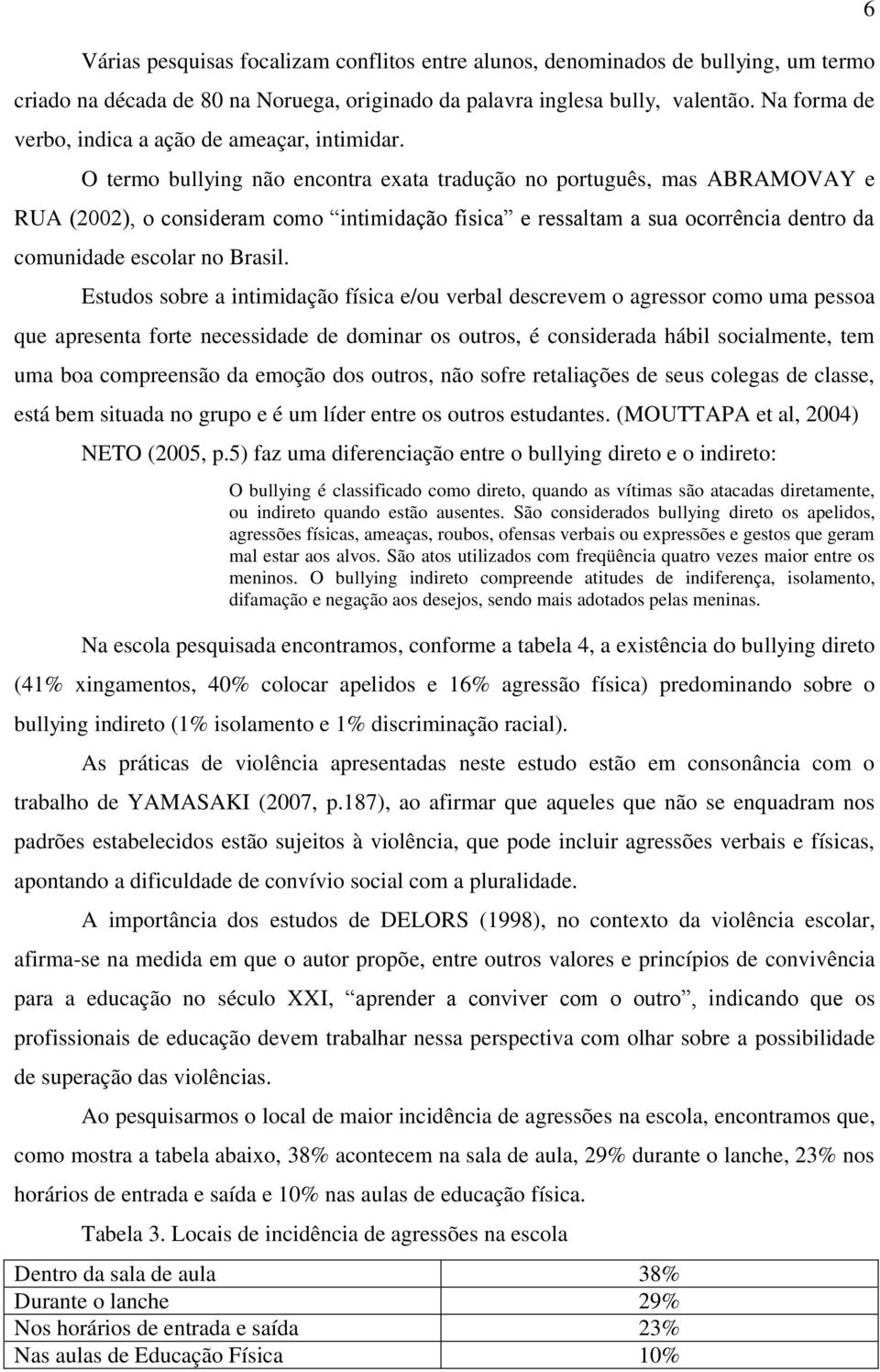 O termo bullying não encontra exata tradução no português, mas ABRAMOVAY e RUA (2002), o consideram como intimidação física e ressaltam a sua ocorrência dentro da comunidade escolar no Brasil.