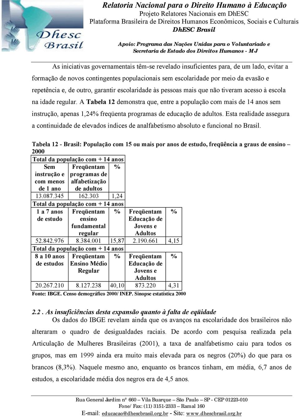 A Tabela 12 demonstra que, entre a população com mais de 14 anos sem instrução, apenas 1,24% freqüenta programas de educação de adultos.