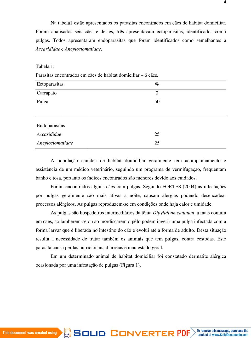 Ectoparasitas % Carrapato 0 Pulga 50 Endoparasitas Ascarididae 25 Ancylostomatidae 25 A população canídea de habitat domiciliar geralmente tem acompanhamento e assistência de um médico veterinário,