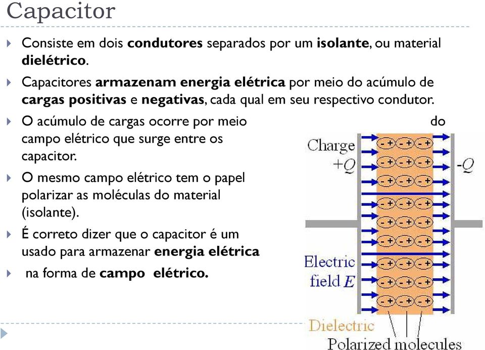 O acúmulo de cargas ocorre por meio campo elétrico ue surge entre os terminais do capacitor.