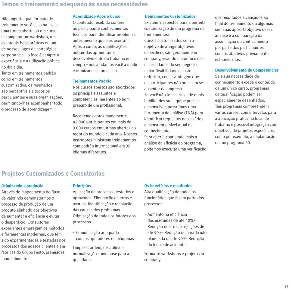 Tanto em treinamentos padrão como em treinamentos customizados, os resultados são perceptíveis a todos os participantes e suas organizações, permitindo-lhes acompanhar todo o processo de aprendizagem.