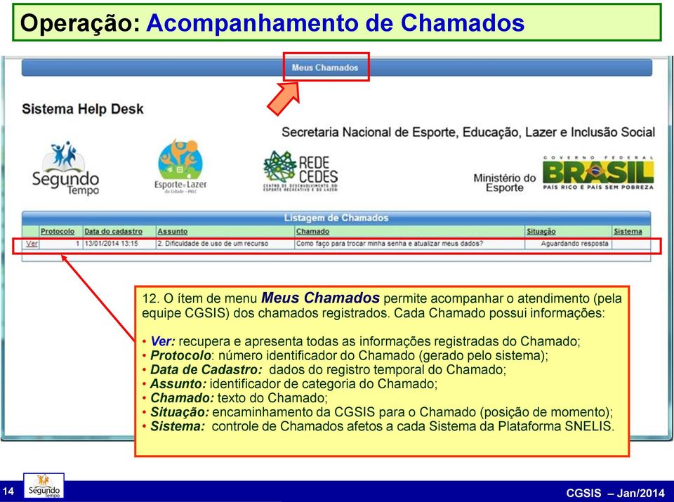 (gerado pelo sistema); Data de Cadastro: dados do registro temporal do Chamado; Assunto: identificador de categoria do Chamado; Chamado: texto do