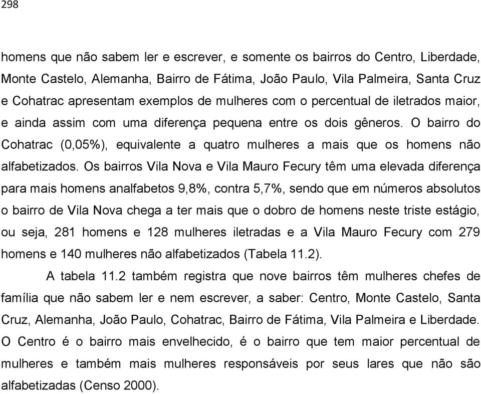 O bairro do Cohatrac (0,05%), equivalente a quatro mulheres a mais que os homens não alfabetizados.