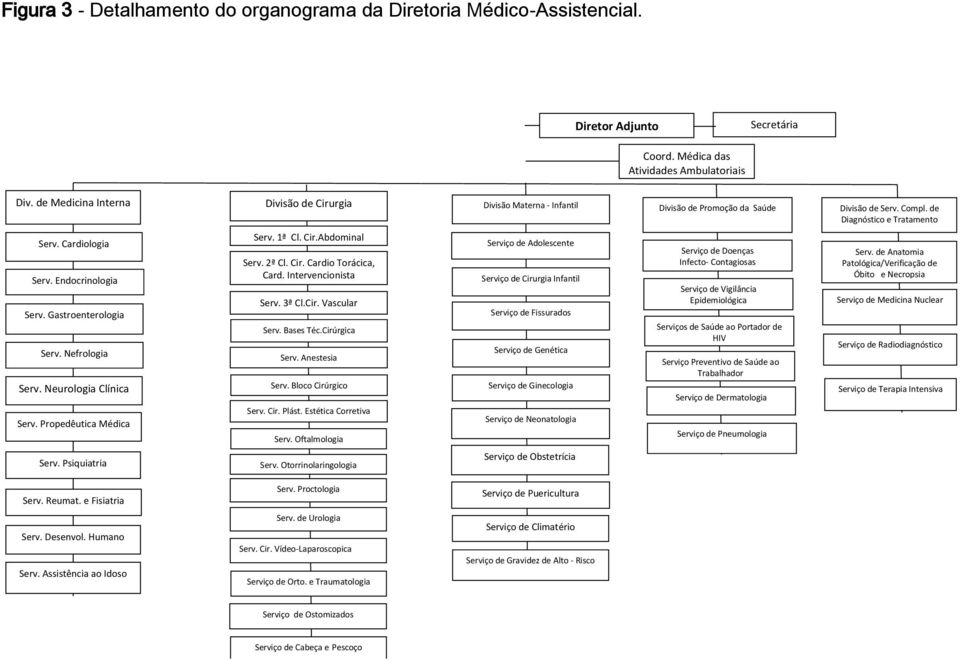 Gastroenterologia Serv. Nefrologia Serv. Neurologia Clínica Serv. Propedêutica Médica Serv. 1ª Cl. Cir.Abdominal Serv. 2ª Cl. Cir. Cardio Torácica, Card. Intervencionista Serv. 3ª Cl.Cir. Vascular Serv.