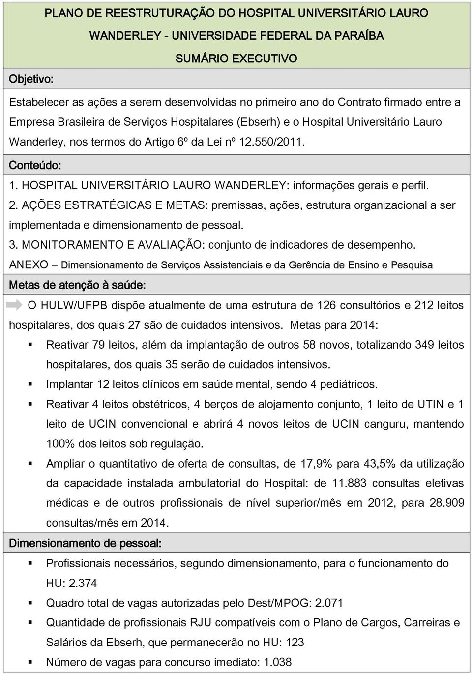 HOSPITAL UNIVERSITÁRIO LAURO WANDERLEY: informações gerais e perfil. 2. AÇÕES ESTRATÉGICAS E METAS: premissas, ações, estrutura organizacional a ser implementada e dimensionamento de pessoal. 3.