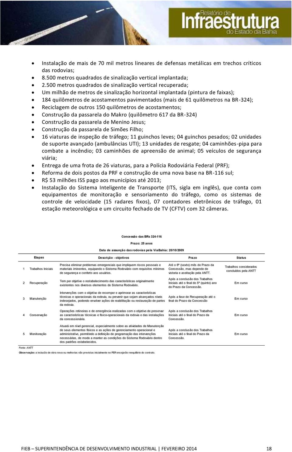 quilômetros na BR-324); Reciclagem de outros 150 quilômetros de acostamentos; Construção da passarela do Makro (quilômetro 617 da BR-324) Construção da passarela de Menino Jesus; Construção da