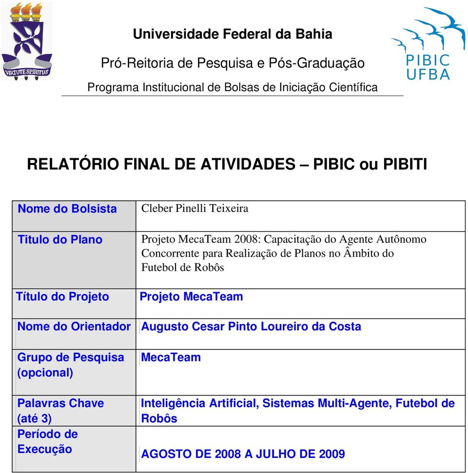 de Execução Cleber Pinelli Teixeira Projeto MecaTeam 2008: Capacitação do Agente Autônomo Concorrente para Realização de Planos no Âmbito do Futebol de Robôs