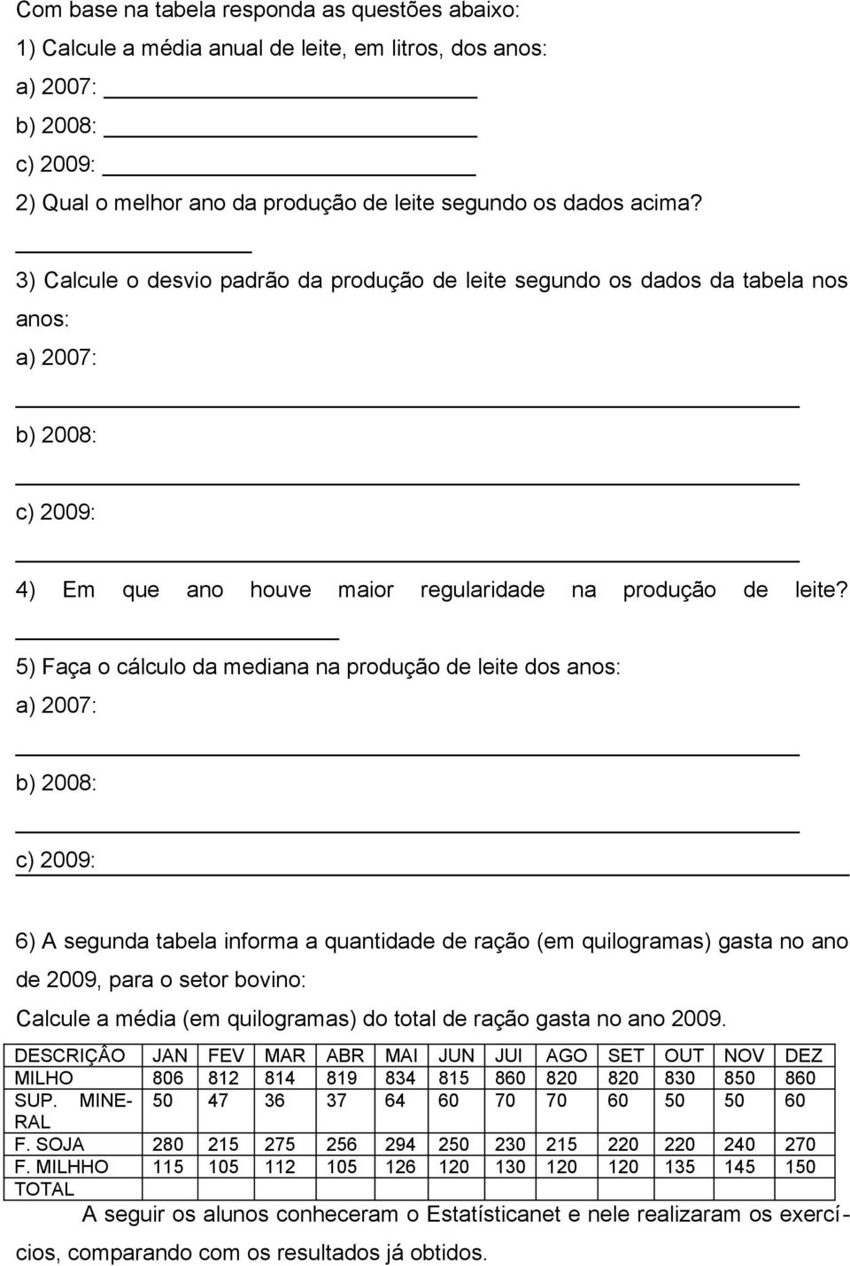 5) Faça o cálculo da mediana na produção de leite dos anos: a) 2007: b) 2008: c) 2009: 6) A segunda tabela informa a quantidade de ração (em quilogramas) gasta no ano de 2009, para o setor bovino: