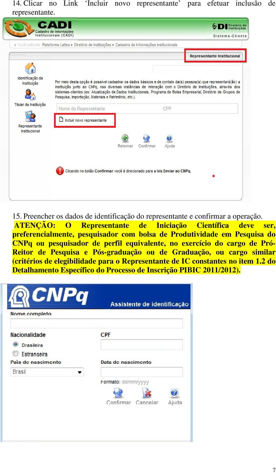 ATENÇÃO: O Representante de Iniciação Científica deve ser, preferencialmente, pesquisador com bolsa de Produtividade em Pesquisa do CNPq ou