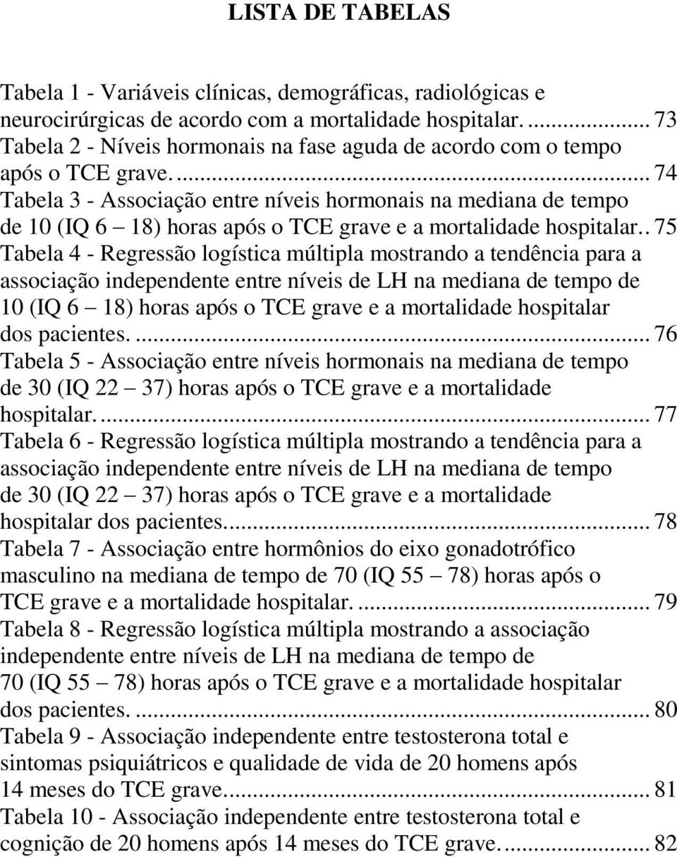 ... 74 Tabela 3 - Associação entre níveis hormonais na mediana de tempo de 10 (IQ 6 18) horas após o TCE grave e a mortalidade hospitalar.