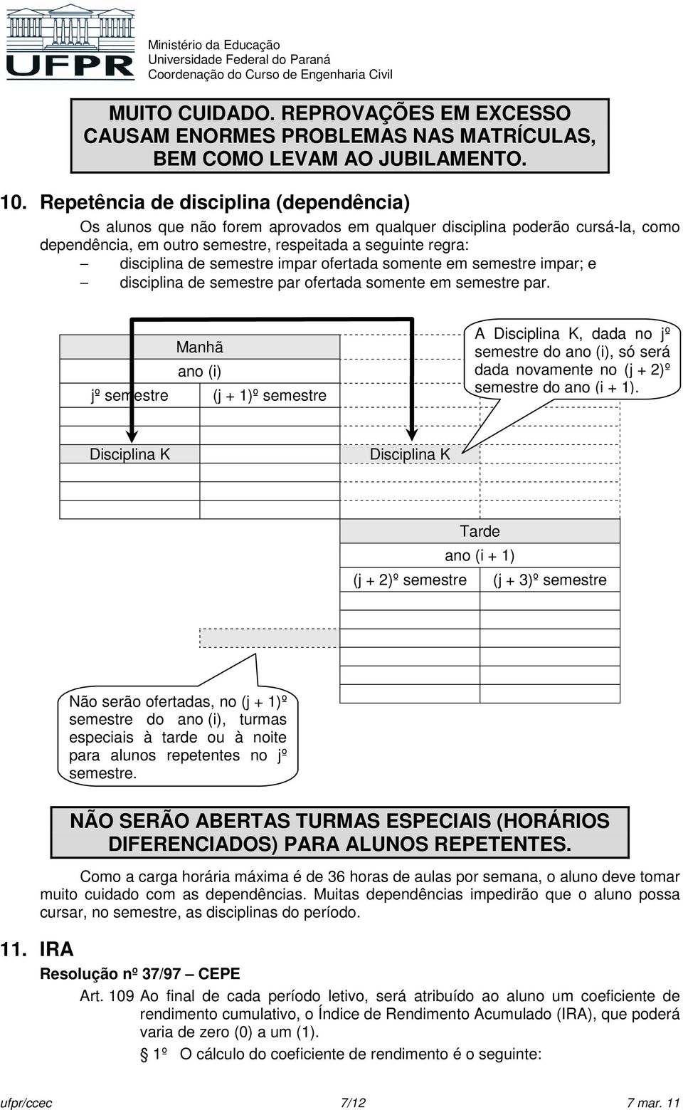 semestre impar ofertada somente em semestre impar; e disciplina de semestre par ofertada somente em semestre par.