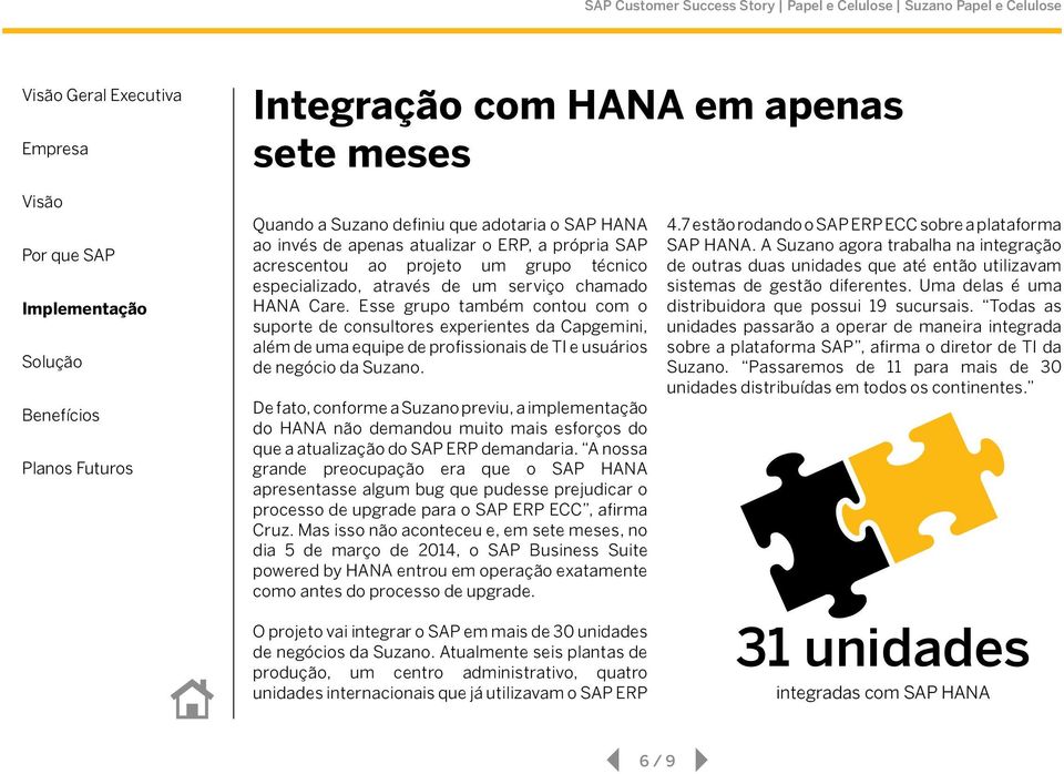 Esse grupo também contou com o suporte de consultores experientes da Capgemini, além de uma equipe de profissionais de TI e usuários de negócio da Suzano.