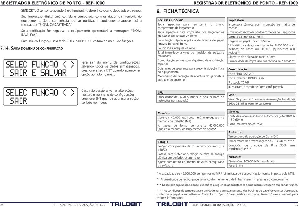 Para sair da função, use a tecla CLR e o REP-1000 voltará ao menu de funções. 7.14.