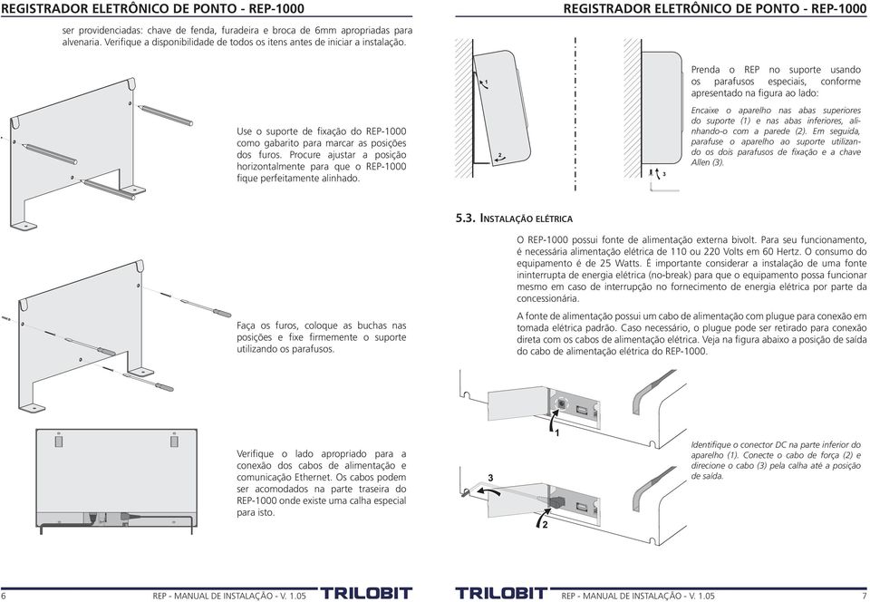 Procure ajustar a posição horizontalmente para que o REP-1000 fique perfeitamente alinhado. Encaixe o aparelho nas abas superiores do suporte (1) e nas abas inferiores, alinhando-o com a parede (2).