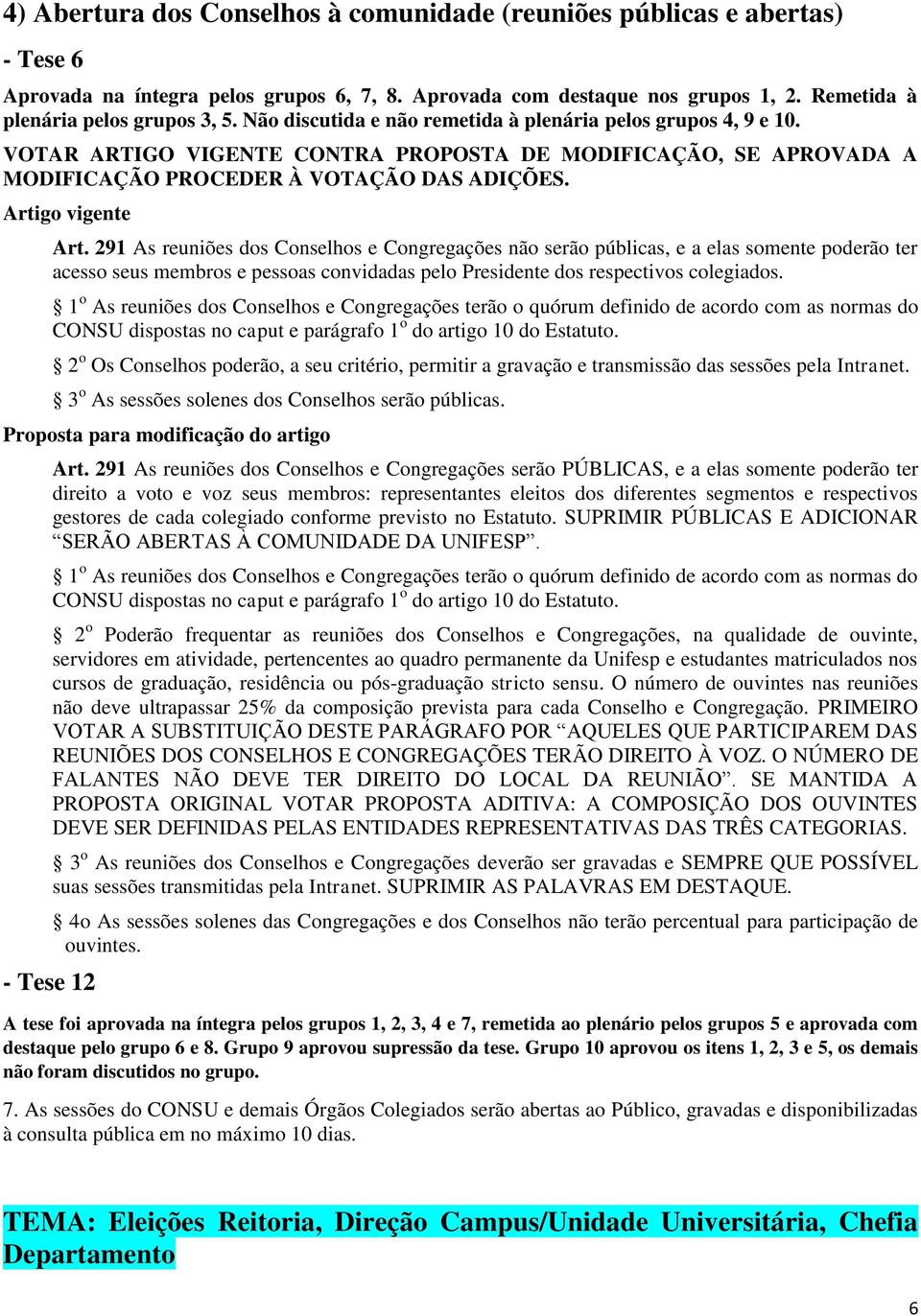 291 As reuniões dos Conselhos e Congregações não serão públicas, e a elas somente poderão ter acesso seus membros e pessoas convidadas pelo Presidente dos respectivos colegiados.