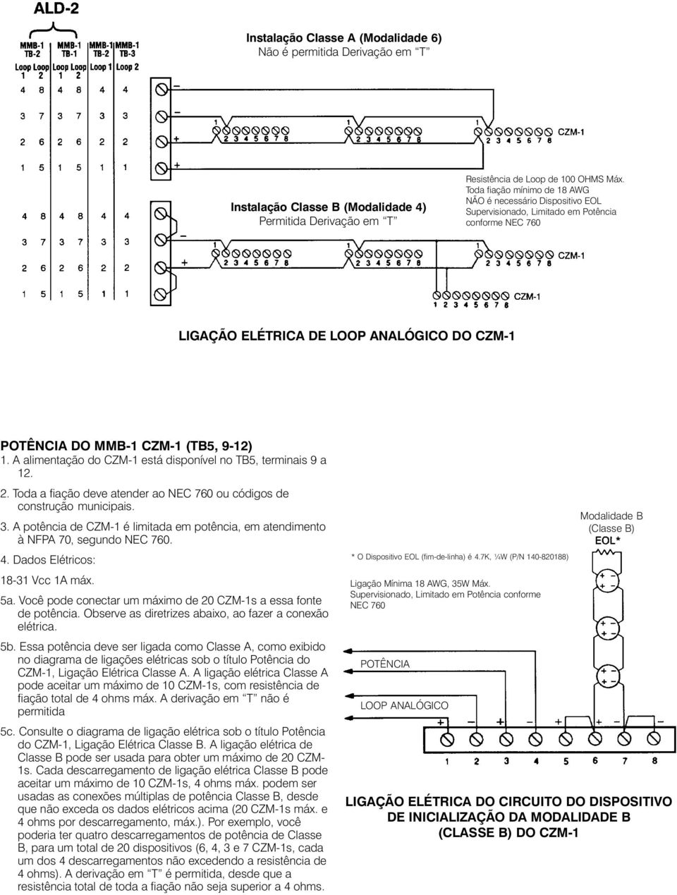 A alimentação do CZM-1 está disponível no TB5, terminais 9 a 12. 2. Toda a fiação deve atender ao NEC 760 ou códigos de construção municipais. 3.
