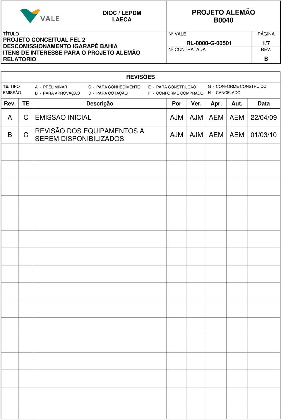 B REVISÕES TE: TIPO EMISSÃO A - PRELIMINAR B - PARA APROVAÇÃO C - PARA CONHECIMENTO D - PARA COTAÇÃO E - PARA CONSTRUÇÃO F - CONFORME