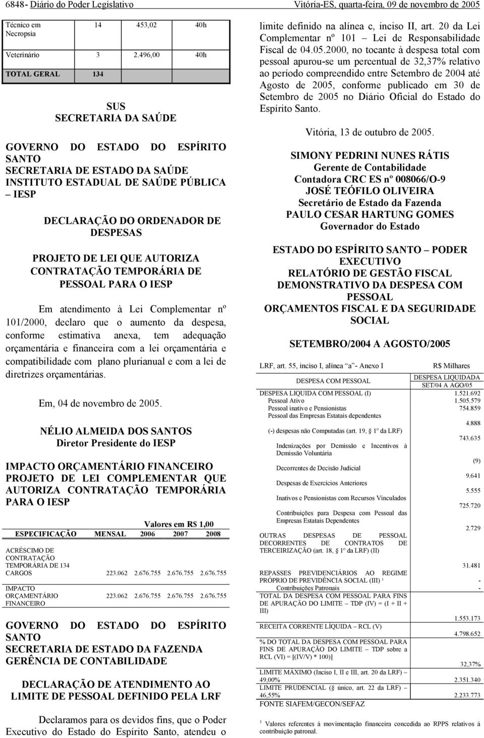 PROJETO DE LEI QUE AUTORIZA CONTRATAÇÃO TEMPORÁRIA DE PESSOAL PARA O IESP Em atendimento à Lei Complementar nº 101/2000, declaro que o aumento da despesa, conforme estimativa anexa, tem adequação