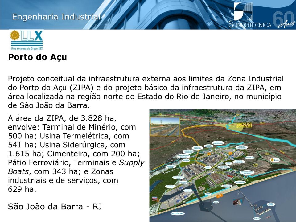 A área da ZIPA, de 3.828 ha, envolve: Terminal de Minério, com 500 ha; Usina Termelétrica, com 541 ha; Usina Siderúrgica, com 1.