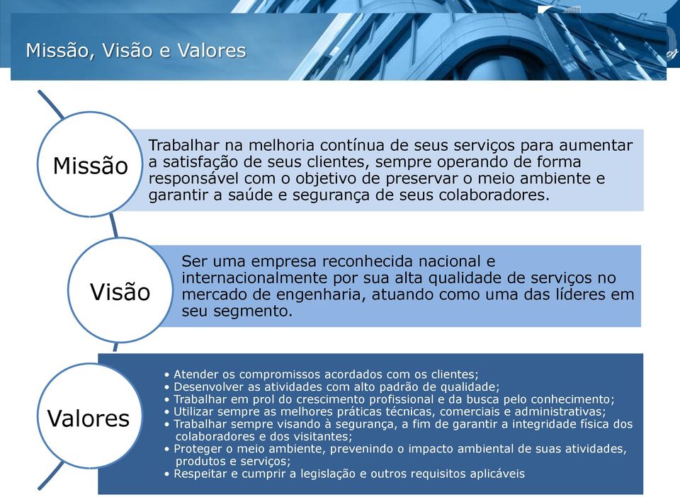 Visão Ser uma empresa reconhecida nacional e internacionalmente por sua alta qualidade de serviços no mercado de engenharia, atuando como uma das líderes em seu segmento.