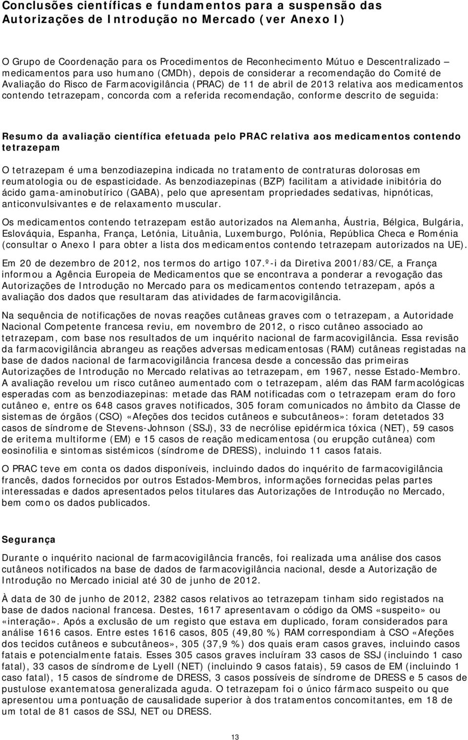 referida recomendação, conforme descrito de seguida: Resumo da avaliação científica efetuada pelo PRAC relativa aos medicamentos contendo tetrazepam O tetrazepam é uma benzodiazepina indicada no