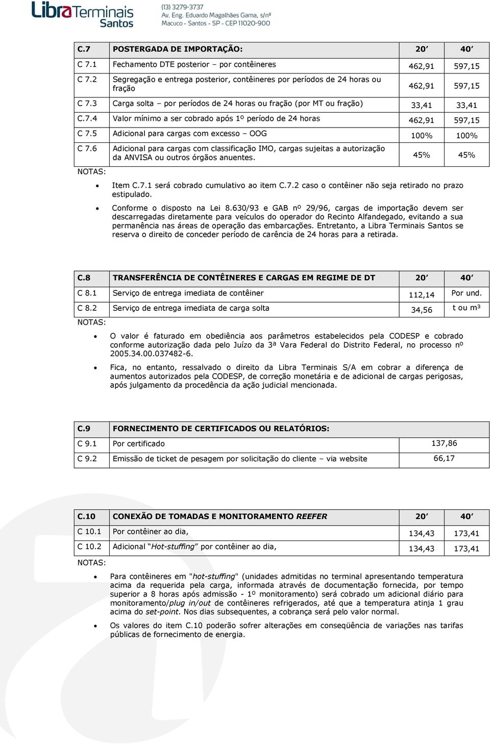 5 Adicional para cargas com excesso OOG 100% 100% C 7.6 Adicional para cargas com classificação IMO, cargas sujeitas a autorização da ANVISA ou outros órgãos anuentes. 45% 45% Item C.7.1 será cobrado cumulativo ao item C.