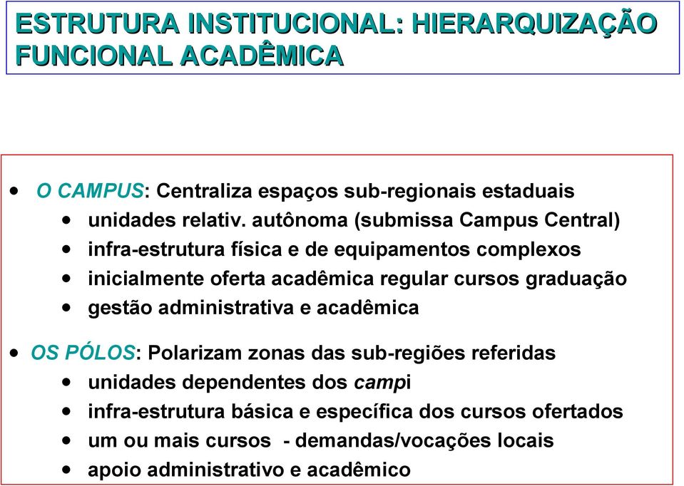 graduação gestão administrativa e acadêmica OS PÓLOS: Polarizam zonas das sub-regiões referidas unidades dependentes dos campi