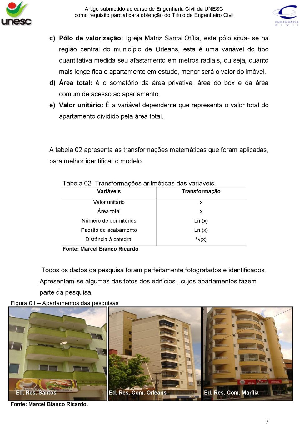 e) Valor unitário: É a variável dependente que representa o valor total do apartamento dividido pela área total.