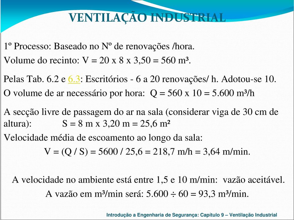 600 m³/h A secção livre de passagem do ar na sala (considerar viga de 30 cm de altura): S = 8 m x 3,20 m = 25,6 m² Velocidade média de