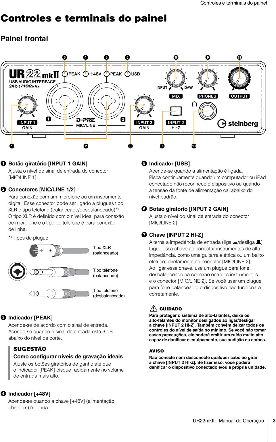 O tipo XLR é definido com o nível ideal para conexão de microfone e o tipo de telefone é para conexão de linha.