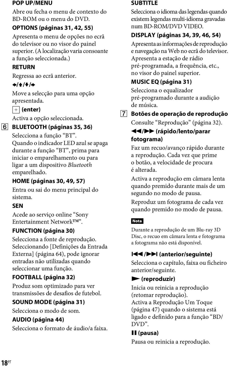 F BLUETOOTH (páginas 35, 36) Selecciona a função BT. Quando o indicador LED azul se apaga durante a função BT, prima para iniciar o emparelhamento ou para ligar a um dispositivo Bluetooth emparelhado.