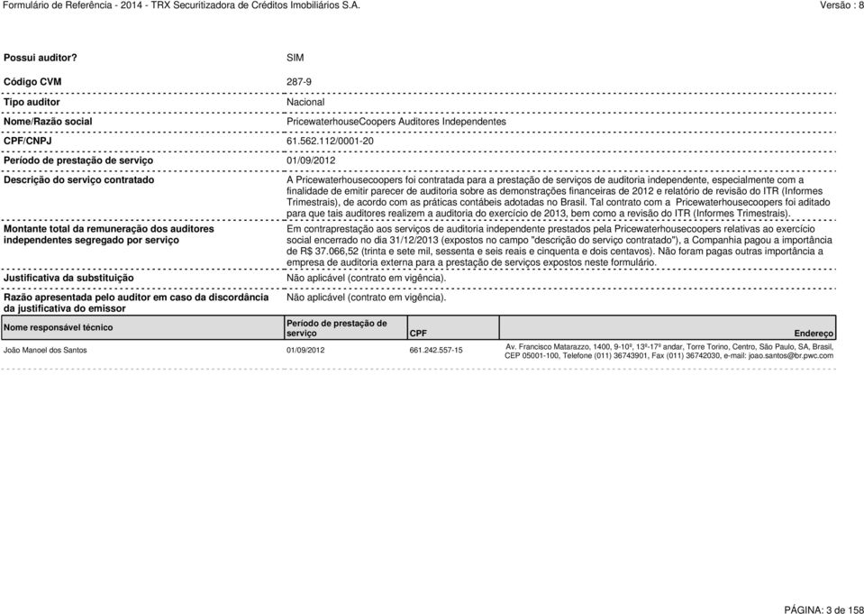 Pricewaterhousecoopers foi contratada para a prestação de serviços de auditoria independente, especialmente com a finalidade de emitir parecer de auditoria sobre as demonstrações financeiras de 2012