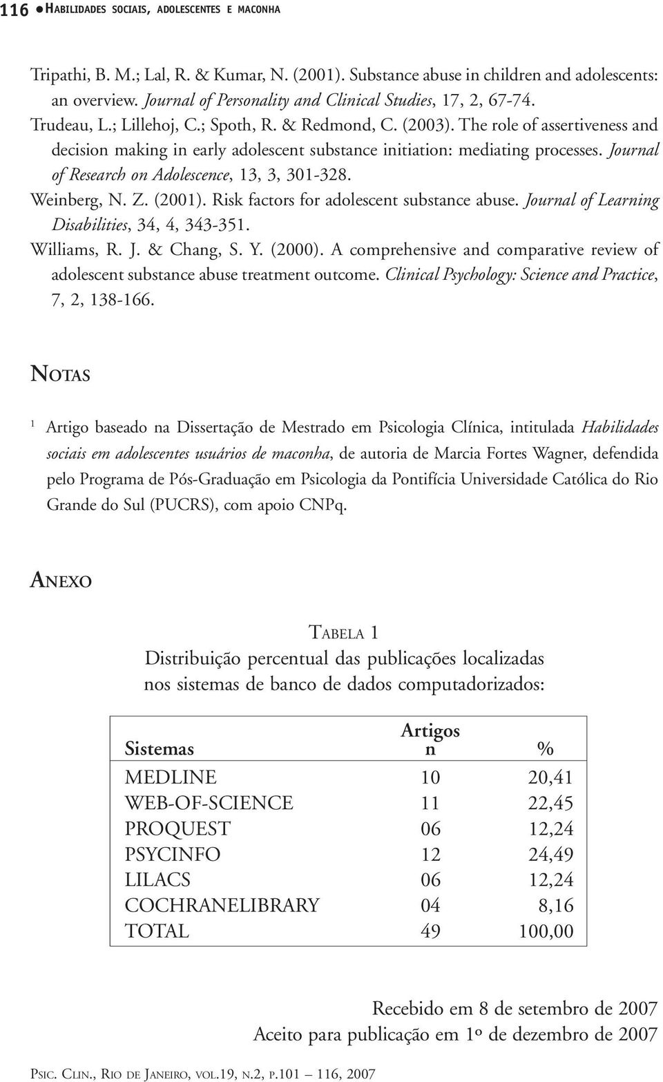 The role of assertiveness and decision making in early adolescent substance initiation: mediating processes. Journal of Research on Adolescence, 13, 3, 301-328. Weinberg, N. Z. (2001).