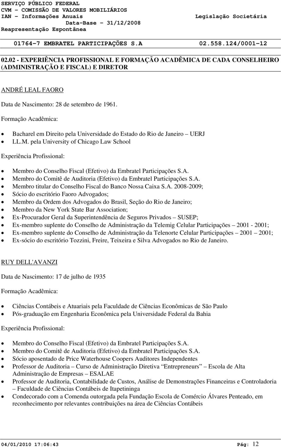 pela University of Chicago Law School Experiência Profissional: Membro do Conselho Fiscal (Efetivo) da Embratel Participações S.A. Membro do Comitê de Auditoria (Efetivo) da Embratel Participações S.