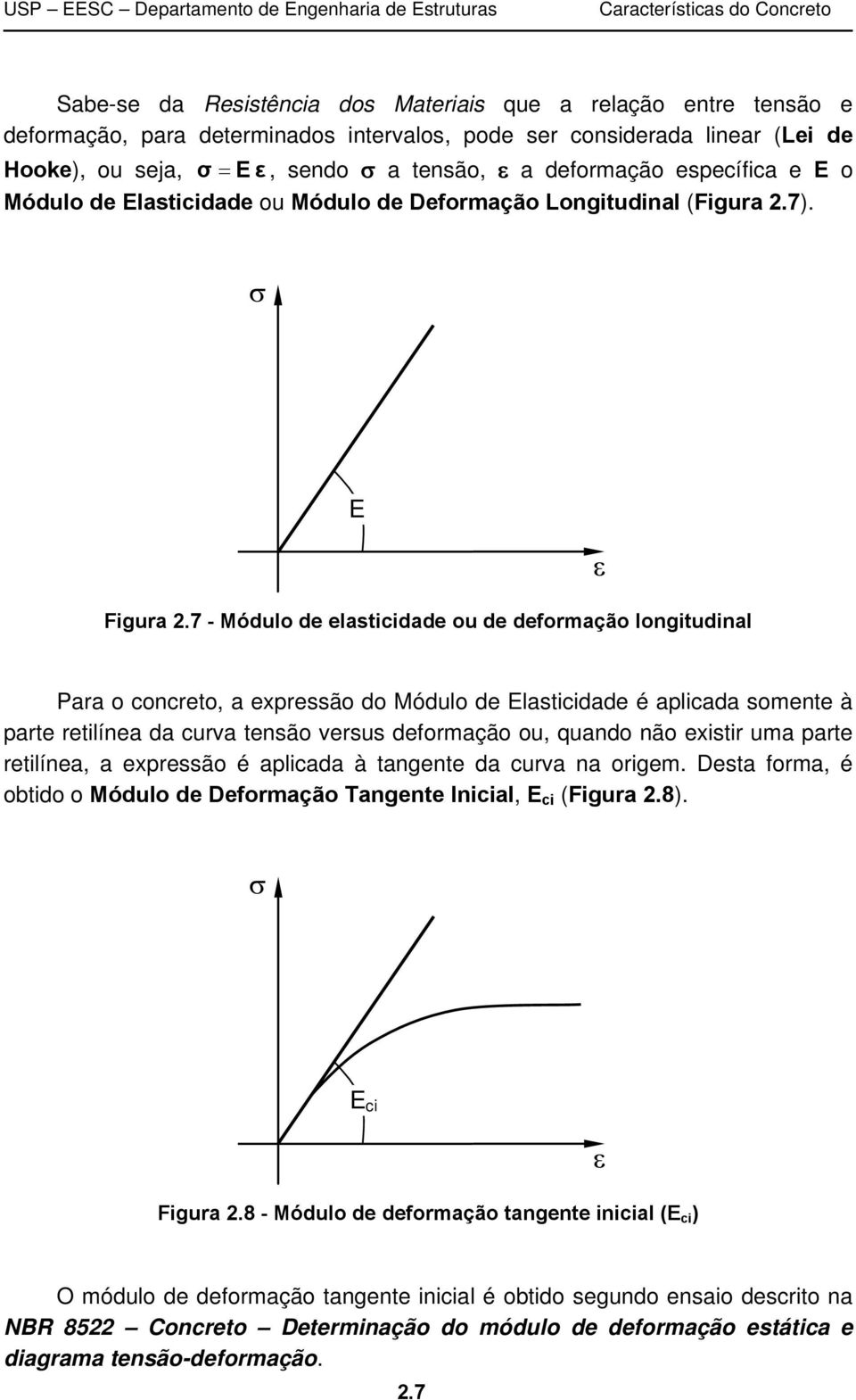 7 - Módulo de elasticidade ou de deformação longitudinal Para o concreto, a expressão do Módulo de Elasticidade é aplicada somente à parte retilínea da curva tensão versus deformação ou, quando não